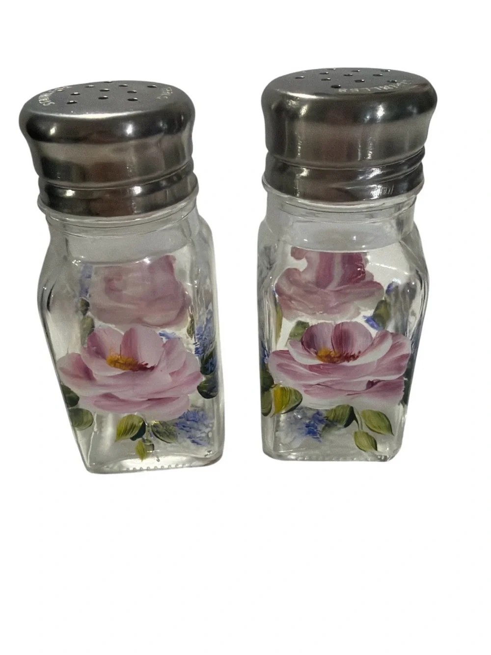 Decorative Pink Floral Glass Salt and Pepper Shakers with Silver Tops